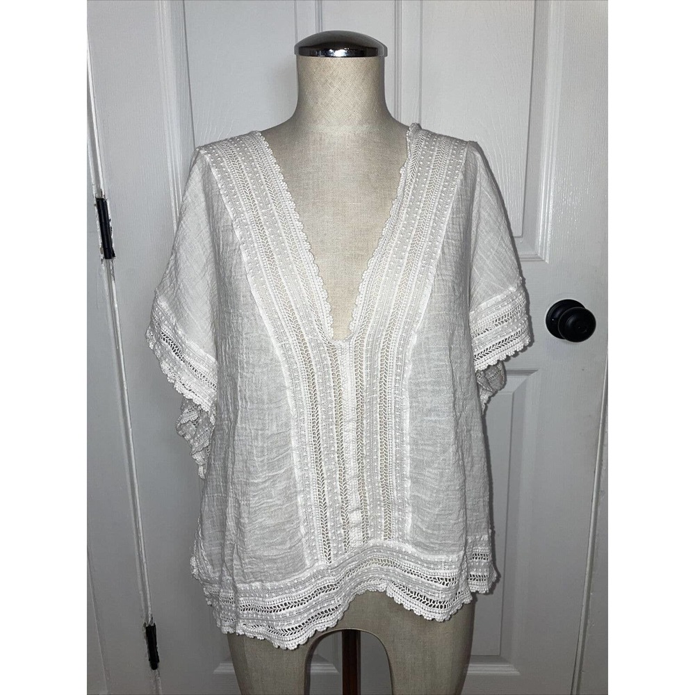 Eberjey Women’s Cotton White Gauze Top Lace Blouse Loungewear M/L